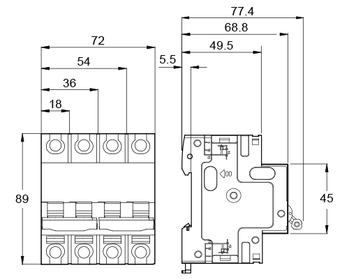 Dimensões do disjuntor CC