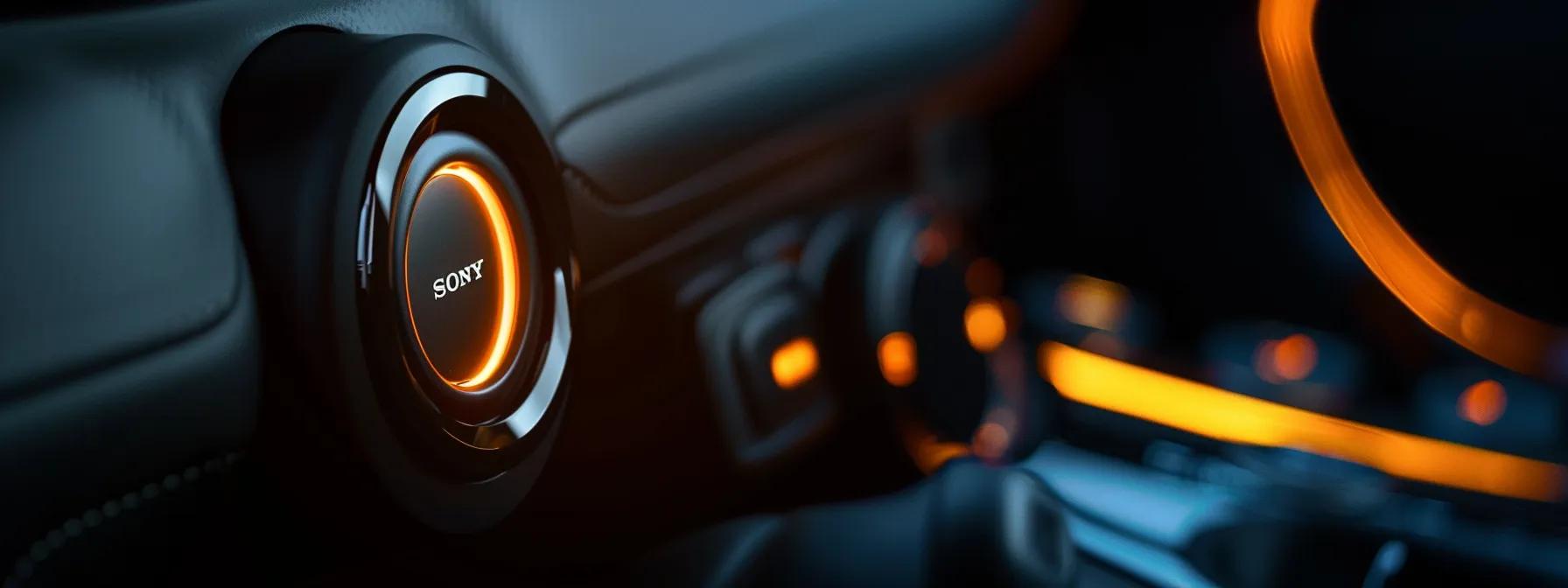 un primo piano di un elegante e moderno pulsante di avviamento automobilistico illuminato da una luce morbida e calda, che ne mette in evidenza il design resistente e le caratteristiche di compatibilità su uno sfondo sfocato di un elegante interno del veicolo.