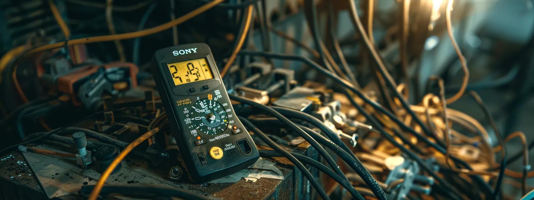 a close-up view of a multimeter resting on a battery terminal, illuminated by soft overhead lighting, highlighting the intricate details of power connections and a visibly weathered wiring harness in the background, symbolizing a meticulous troubleshooting process.