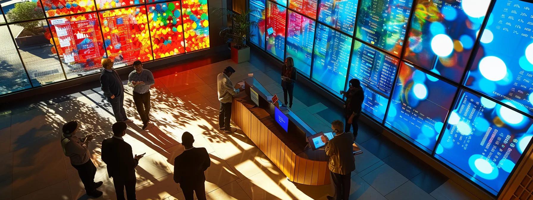 динамичное рабочее пространство, в котором собралась разношерстная группа профессионалов, ведущих оживленную дискуссию на цифровых экранах, анализирующих красочные графики и диаграммы цен, в ярком современном офисе, освещенном естественным светом.