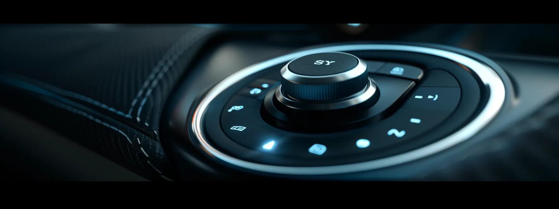 un cruscotto elegante e moderno caratterizzato da un pulsante di avviamento lucido illuminato da una luce soffusa e ambientale, che sottolinea la perfetta fusione di funzionalità e stile in un ambiente invitante e ben illuminato.