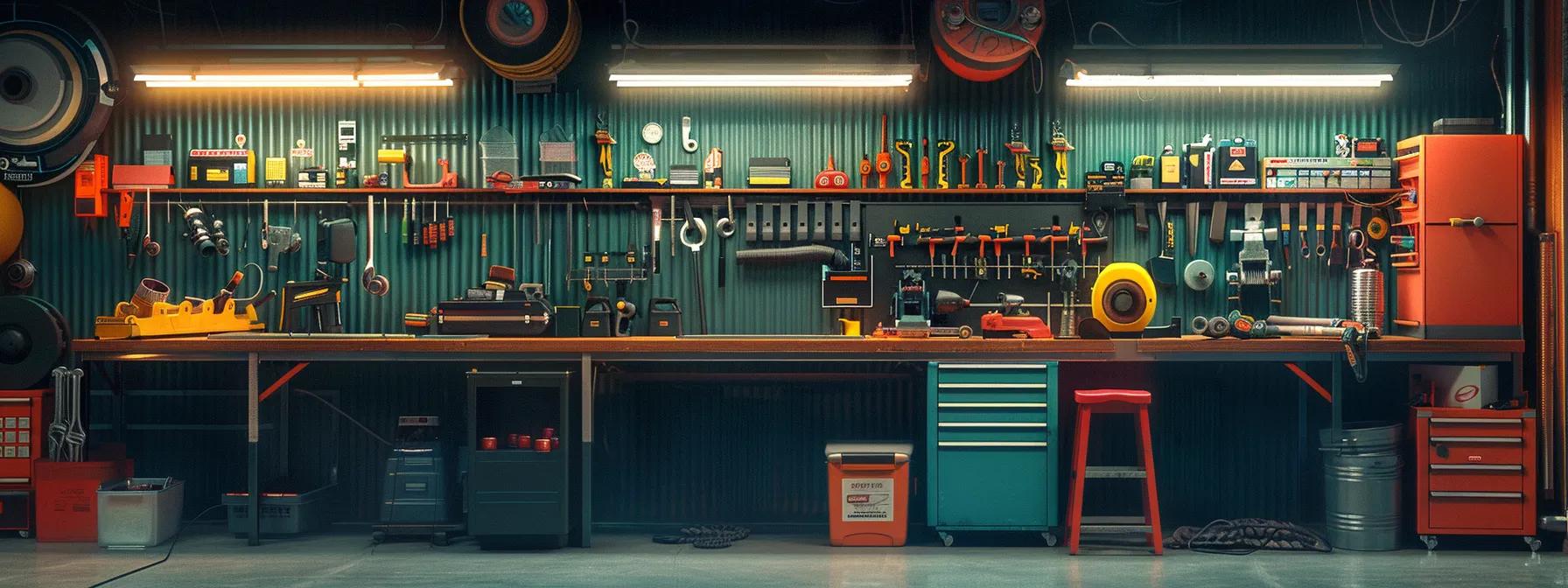 a vibrant automotive repair workshop scene captures a collection of tools and manuals arranged neatly on a workbench, symbolizing a hub of support for tackling starter button issues.