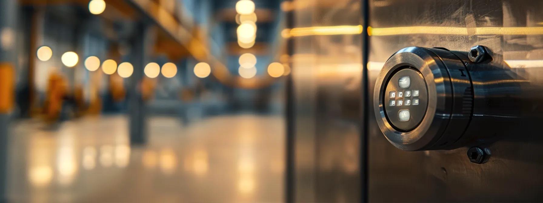 a sleek, stainless steel push button switch glimmers under soft, focused lighting, highlighting its robust design and safety features against a blurred industrial backdrop.