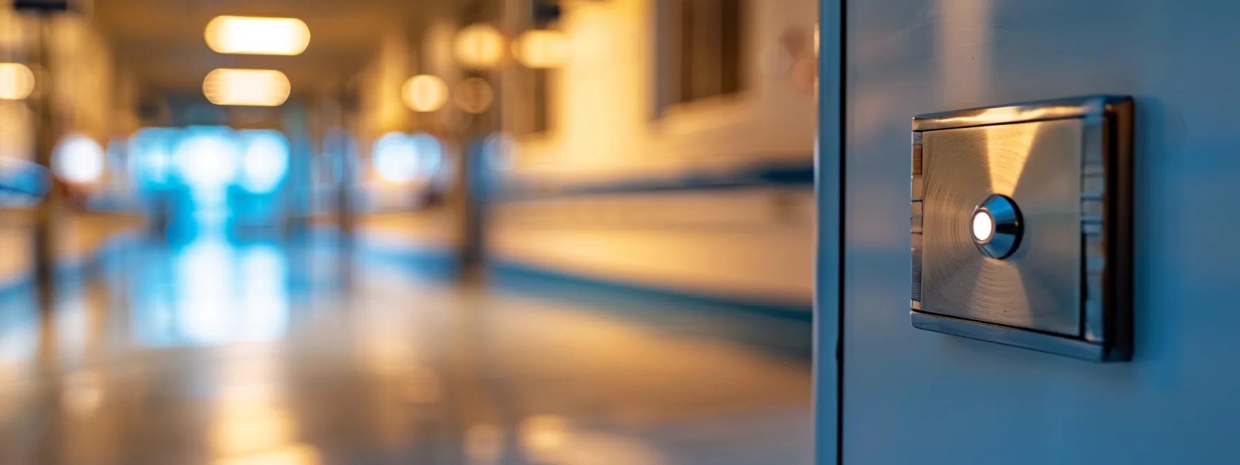 a close-up shot of a gleaming metal push button switch set against a softly blurred hospital backdrop, showcasing the intricate design and robust build, symbolizing reliability in a healthcare environment.