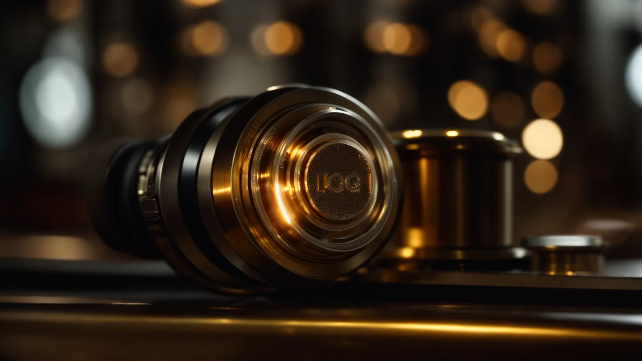 a close-up shot of a polished brass push button switch gleaming in soft, warm light, symbolizing reliability and strength, set against a blurred backdrop of intricate wiring and dimmer circuits.